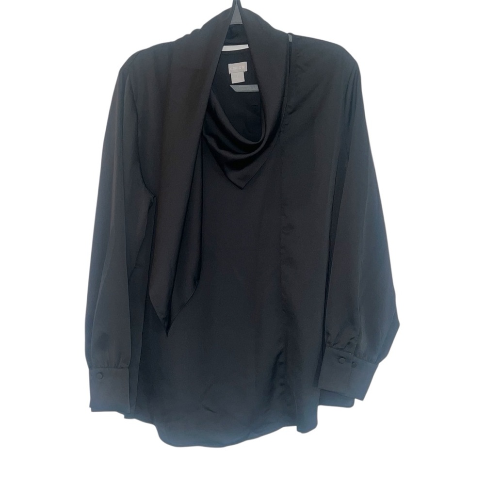 Chico’s Women’s Size 3 (XL; 16/18) Black Satin Wrap Neck Blouse Attached Scarf